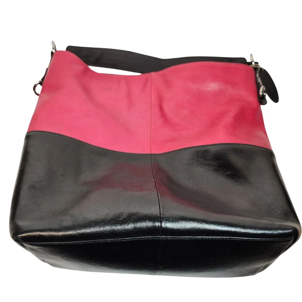 Two Tone Pink and‎ Black Leather Hobo Shoulder Bag with Adjustable Strap